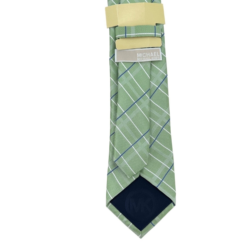Michael Kors Men Classic Tie Silk Necktie Sage Green Plaid Check Navy Blue White